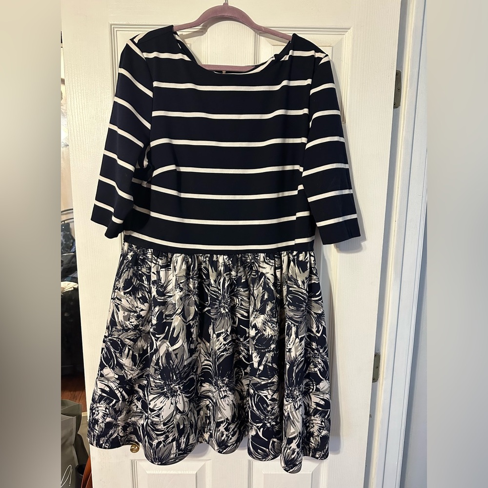 Navy and white floral and striped dress